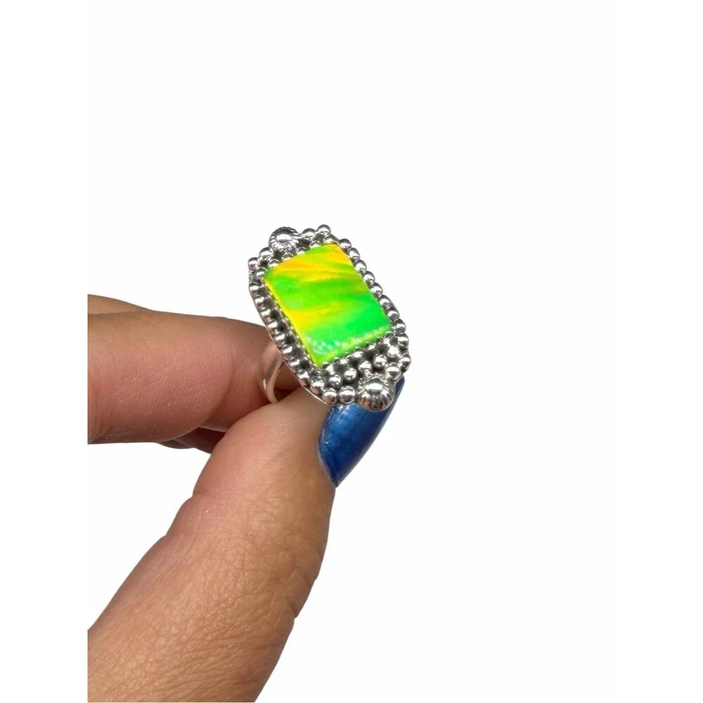 Aurora Fire Opal Ring Size 8 Solid 925 Sterling Silver Aura Lime Green